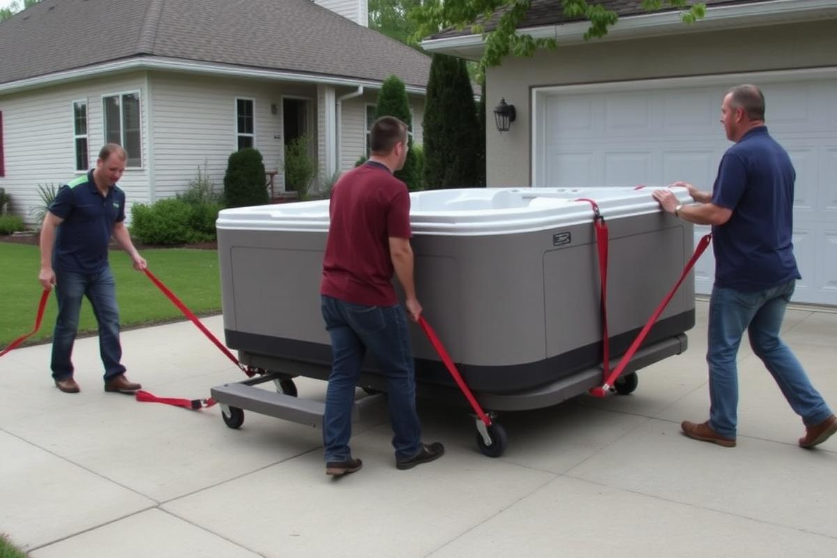 Hot tub removal Akron OH team moving a spa at a local home Hot tub removal Akron OH team moving a spa at a local home