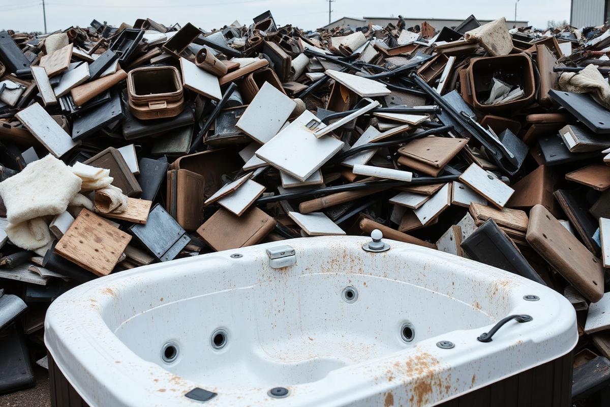 Hot tub recycling Akron OH sorted spa scrap metal and acrylic shell pieces Hot tub recycling Akron OH sorted spa scrap metal and acrylic shell pieces